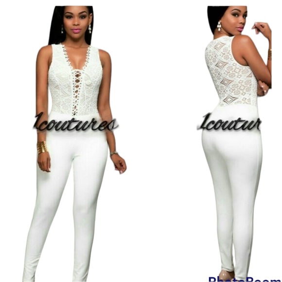 Lac Bleu Pants - New A1 Coutures Lace Sleeveless Nude Illusion Jumpsuit Size Small